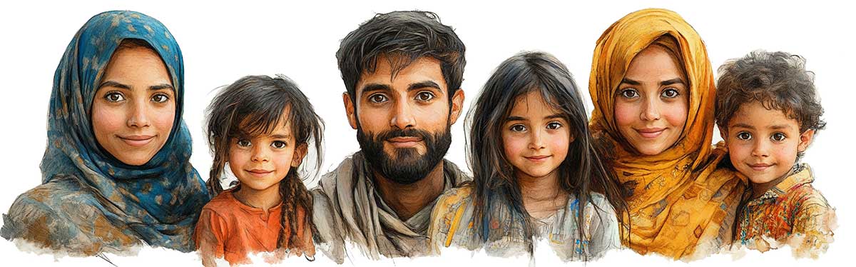 Handrawn image of a refugee family